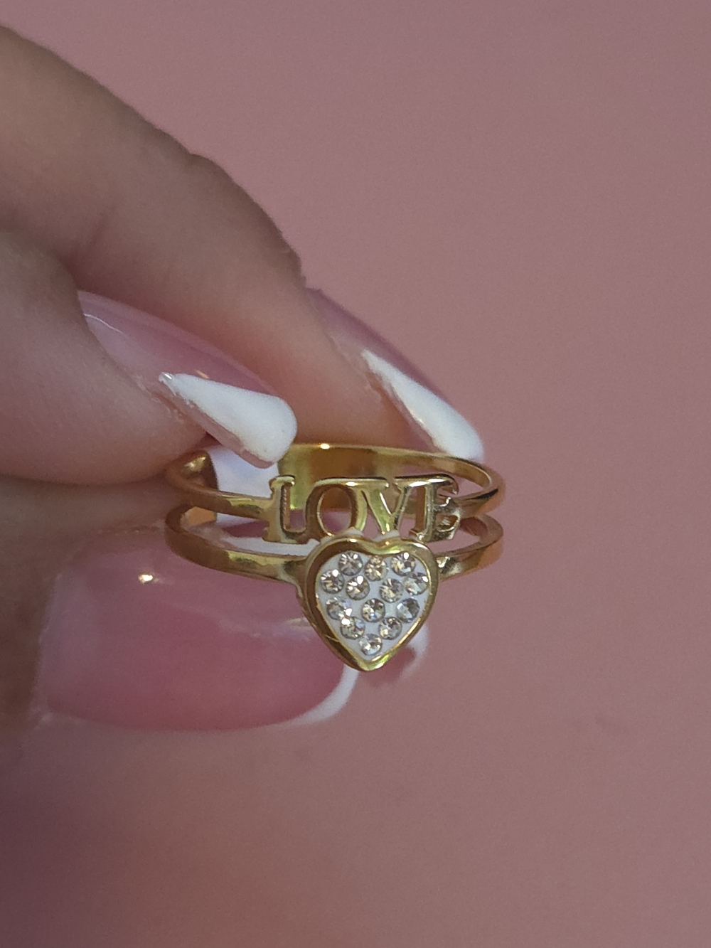 Gold LOVE Heart Ring with Crystal Accent Stainless Steel